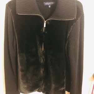 Jones New York Signature Merino Wool Sweater Jacket with Faux Fur